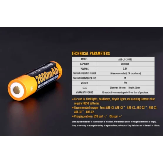 Fenix USB Rechargable 18650 Battery - 2600 mAh - Image 5